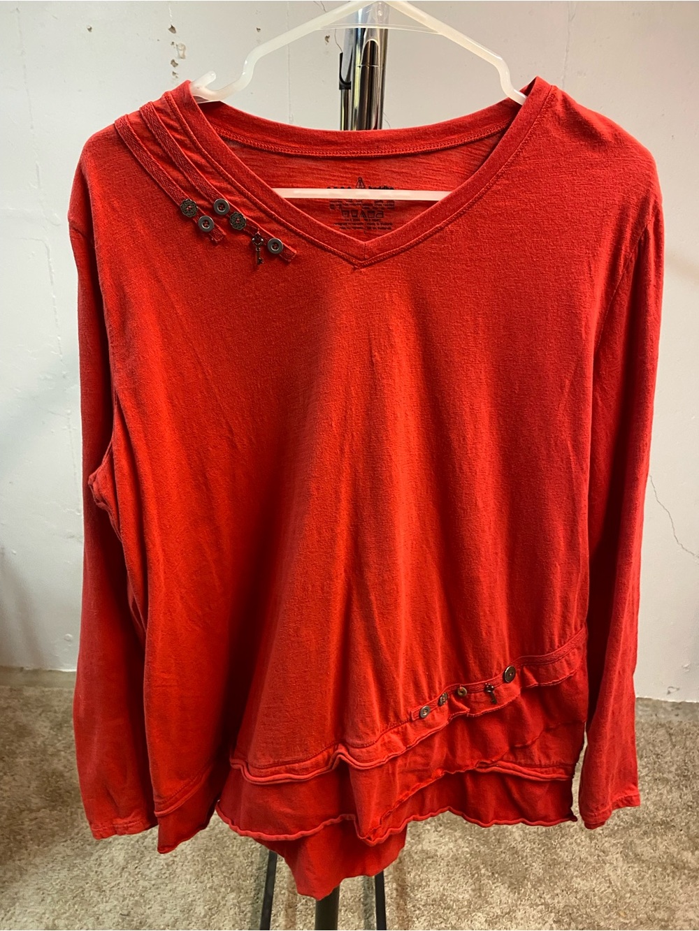 neon buddha Red V-Neck Long Sleeve Top with Button Accents